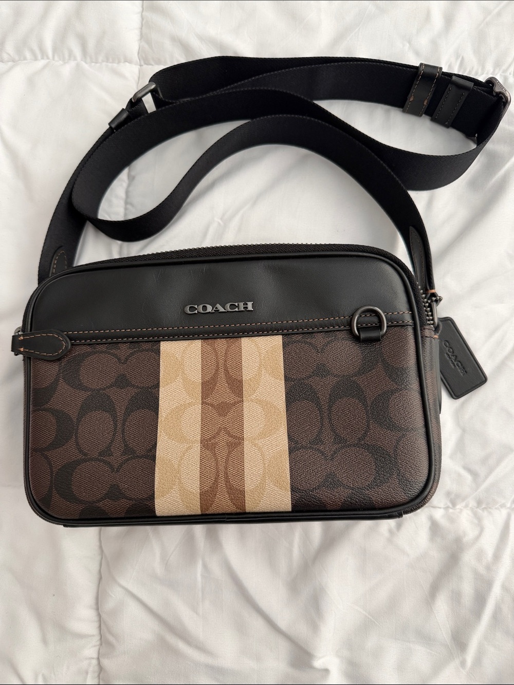 Coach Men's Signature Stripe Belt Bag in Brown and Tan
